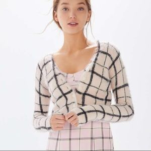 Urban Outfitters Cher Fuzzy Plaid Cropped Cardigan